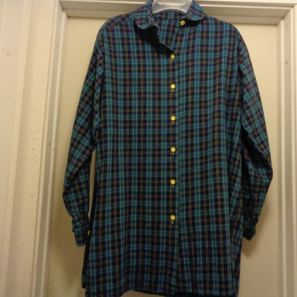 RETRO MINI PLAID FLANNEL SHIRT DRESS W FLOWER BUTTONS LG